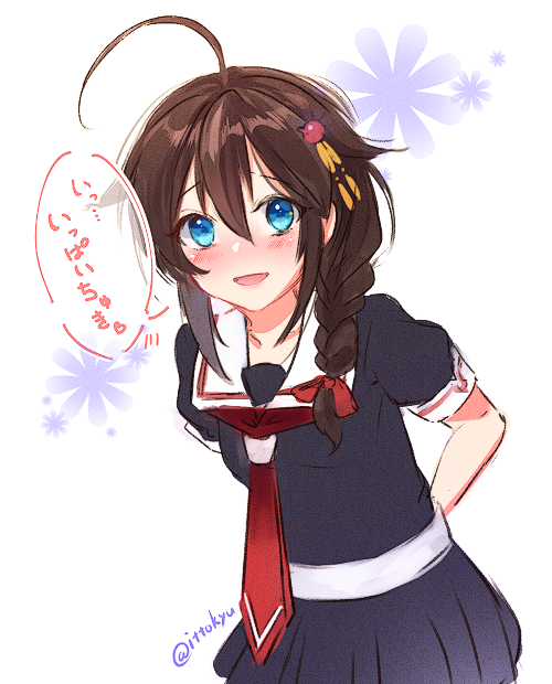 1girl ahoge black_serafuku blue_eyes braid brown_hair cowboy_shot floral_background hair_flaps hair_ornament hair_over_shoulder ittokyu kantai_collection leaning_forward looking_at_viewer neckerchief red_neckwear remodel_(kantai_collection) school_uniform serafuku shigure_(kantai_collection) single_braid smile solo translated white_background