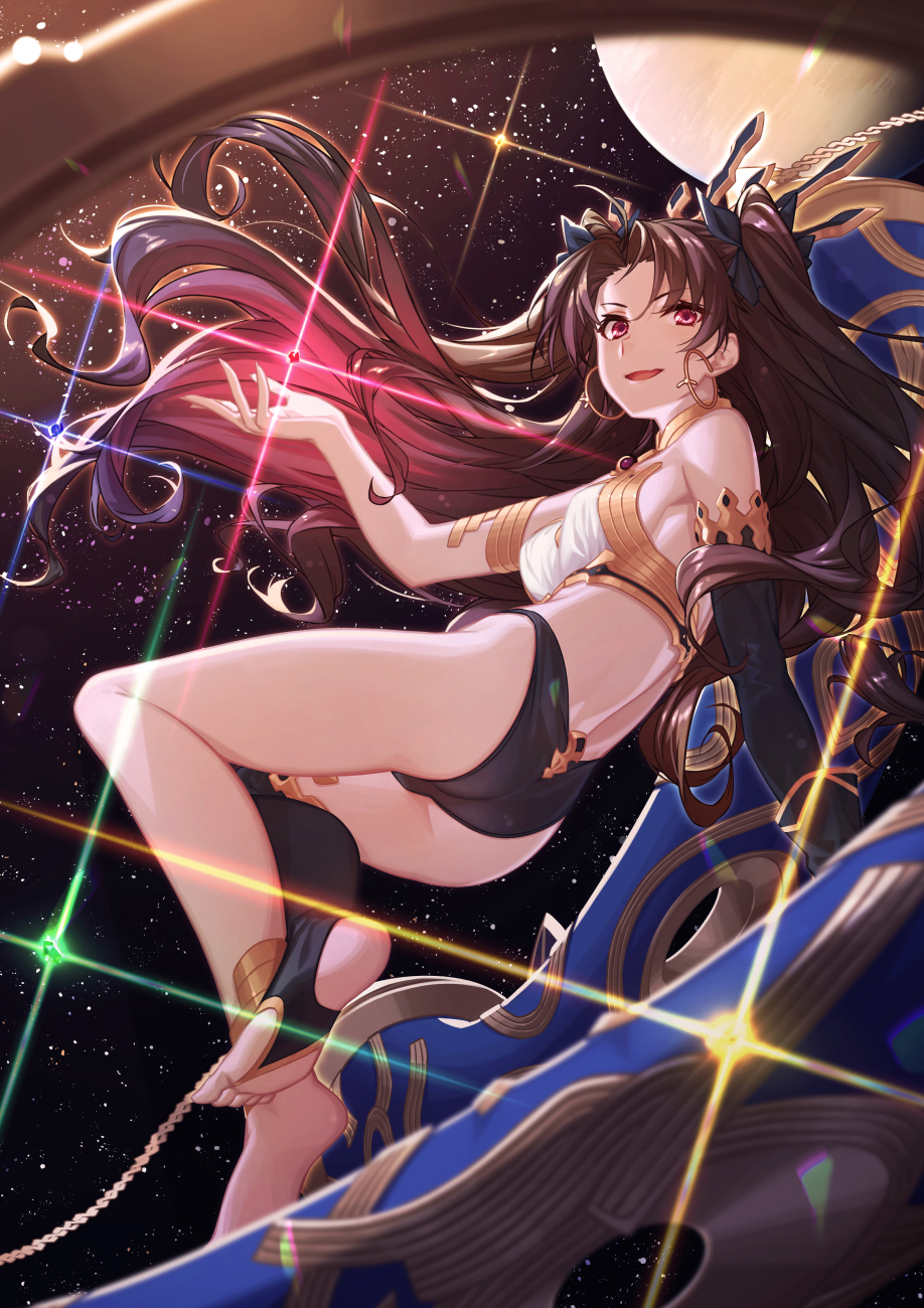 1girl anklet armlet asymmetrical_legwear asymmetrical_sleeves bangs bare_shoulders black_bikini_bottom black_bow black_hair black_legwear blush bow breasts detached_collar earrings fate/grand_order fate_(series) feet gem hair_bow heavenly_boat_maanna highres hoop_earrings ishtar_(fate/grand_order) jewelry long_hair looking_at_viewer m-ya neck_ring open_mouth parted_bangs red_eyes single_thighhigh sky smile solo sparkle star_(sky) starry_sky thigh-highs thighs tiara toeless_legwear toes two_side_up weapon white_bikini_top