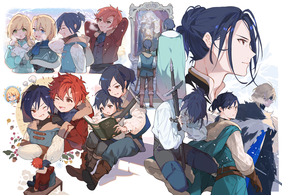 1girl 5boys alternate_costume arms_up belt black_hair blonde_hair blue_eyes book brothers brown_eyes brown_gloves closed_eyes closed_mouth coat dimitri_alexandre_blaiddyd eyepatch father_and_son felix_hugo_fraldarius fire_emblem fire_emblem:_three_houses flowerchorus from_side fur_trim gloves green_eyes holding holding_book hood hood_down ingrid_brandl_galatea long_hair long_sleeves looking_back multiple_boys one_eye_closed open_book open_mouth redhead rodrigue_achille_fraldarius scabbard sheath sheathed short_hair siblings sitting sword sylvain_jose_gautier weapon younger