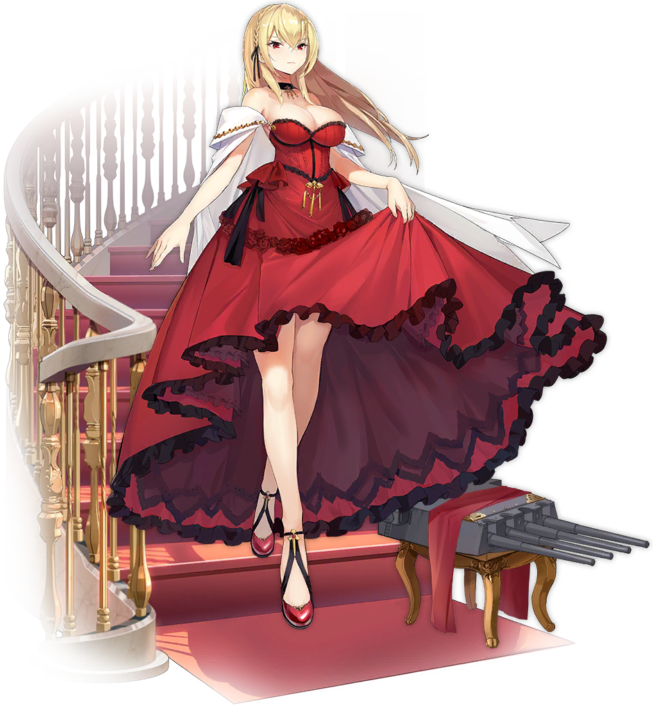1girl :d alternative_costume angry anniversary anthropomorphization azur_lane bangs black_ribbon blonde blush braid breasts cannon cape choker clavicle cleavage crossed_legs dress enka enka_(bcat) exposed_shoulders female floating_hair french_braid full_body gold hair_ornament hair_ribbon king_george_v_(azur_lane) king_george_v_(rose's_regalia)_(azur_lane) large_breasts long_hair looking_ahead looking_at_viewer official_art red_dress red_eyes red_footwear ribbon shoes sidelocks skirt_hold sleeveless sleeveless_dress solo stairs strapless strapless_dress tied_hair transparent_background walking watermark watson_cross white_outerwear