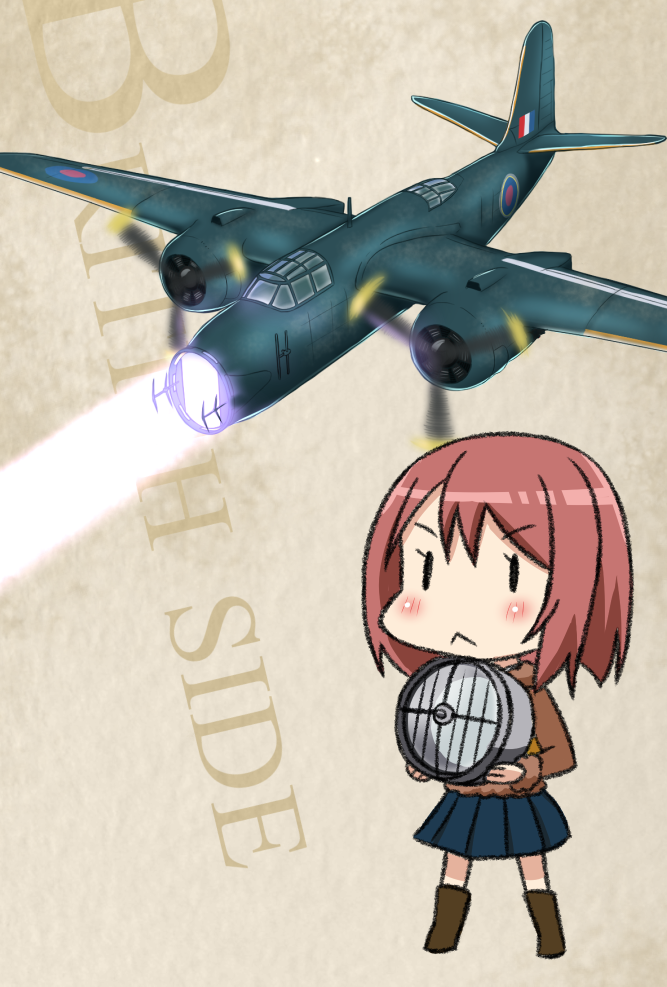 1girl aircraft airplane bangs blue_skirt blunt_bangs bob_cut brown_jacket commentary_request fairy_(kantai_collection) full_body jacket kantai_collection life_vest long_sleeves pleated_skirt redhead searchlight short_hair skirt solid_oval_eyes solo standing tsukemon