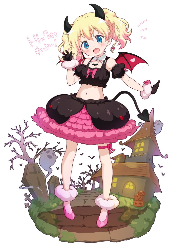 1girl :d alice_cartelet bangs bare_shoulders bare_tree black_gloves black_skirt black_sleeves blonde_hair blue_eyes blush bow braid building commentary crop_top demon_girl demon_horns demon_tail demon_wings detached_sleeves eyebrows_visible_through_hair fang full_body fur-trimmed_gloves fur_trim ghost gloves hair_between_eyes hair_bow hand_up head_tilt heart horns jack-o'-lantern jigatei_(omijin) kin-iro_mosaic midriff navel notice_lines open_mouth pink_footwear puffy_short_sleeves puffy_sleeves red_bow red_wings shoes short_sleeves skirt smile solo standing symbol_commentary tail tombstone translation_request tree twintails white_background window wings
