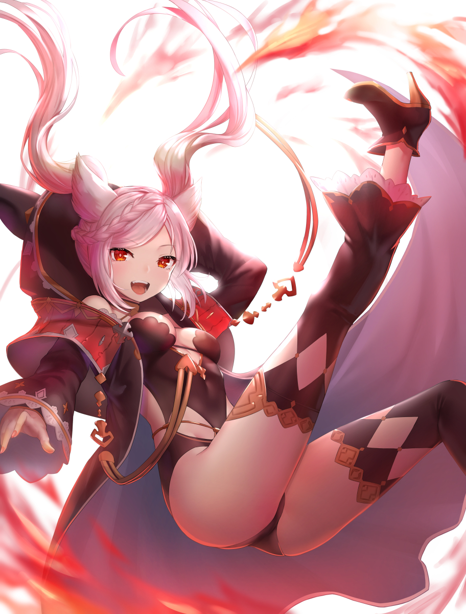 1girl :d animal_ears animal_hood arm_up ass bangs bare_shoulders black_footwear black_leotard blush braid breasts character_request commentary_request detached_pants erune eyebrows_visible_through_hair fang fire french_braid granblue_fantasy high_heels highres hood hood_up leg_up leotard long_hair long_sleeves looking_at_viewer mizya open_clothes open_mouth parted_bangs pink_hair red_eyes simple_background small_breasts smile solo twintails upper_teeth white_background