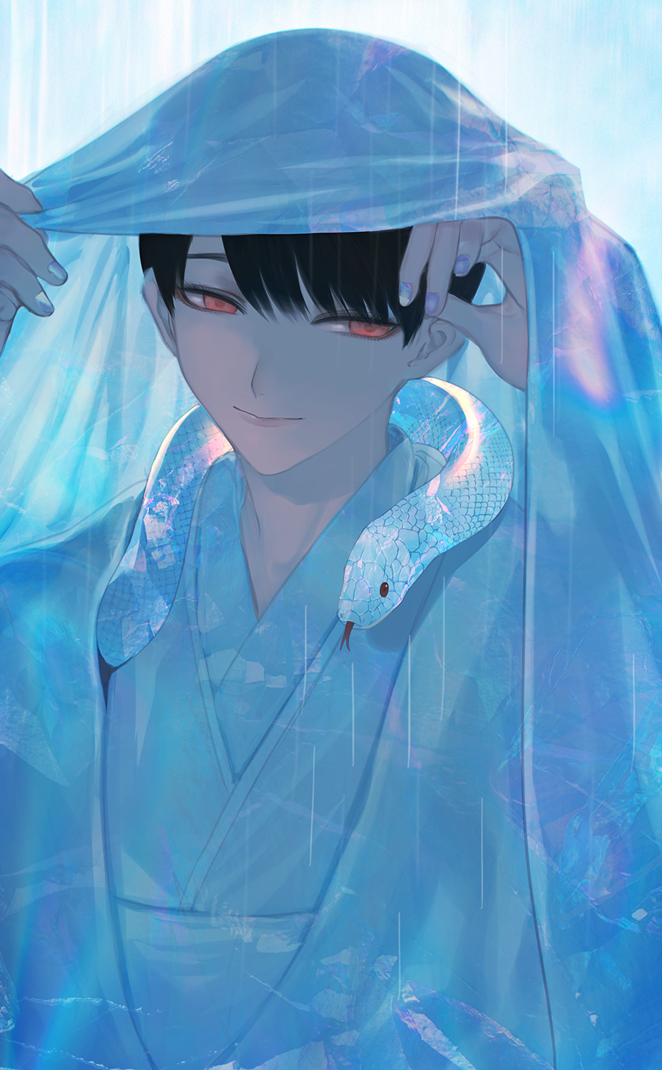 1boy animal animal_around_neck bangs bishounen black_hair blush chinikuniku closed_mouth commentary_request hands_up highres japanese_clothes kimono lifted_by_self male_focus obi original purple_nails rain red_eyes sash shiroshouzoku smile snake solo swept_bangs upper_body veil veil_lift white_kimono white_snake