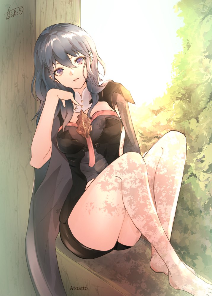 1girl armor artist_name atoatto barefoot black_cape black_shorts blue_eyes blue_hair byleth_(fire_emblem) byleth_eisner_(female) cape fire_emblem fire_emblem:_three_houses knees_up medium_hair shorts signature sitting solo