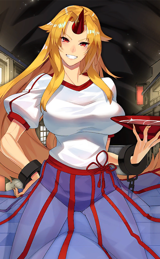 1girl alcohol blonde_hair blue_skirt blush breasts building buruma chain cowboy_shot cuffs cup eyebrows_visible_through_hair former_capital grin hand_on_hip head_tilt holding holding_cup horn hoshiguma_yuugi large_breasts light_particles long_hair looking_at_viewer puffy_short_sleeves puffy_sleeves red_eyes sakazuki sake see-through shackles shirt short_sleeves sidelocks skirt smile solo standing striped sukocchi thighs touhou v-shaped_eyebrows vertical-striped_skirt vertical_stripes very_long_hair white_shirt