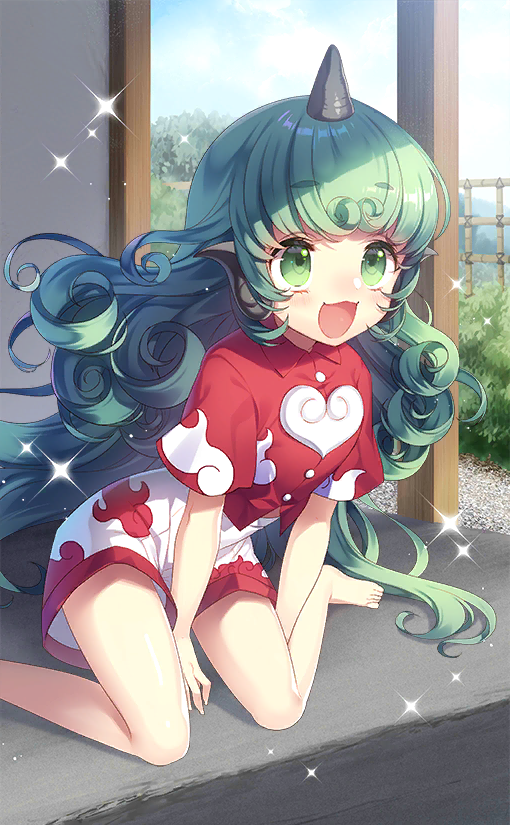 1girl :d arm_support bangs bare_legs barefoot blue_sky blush curly_hair day eyebrows_visible_through_hair feet_out_of_frame fence grass green_eyes green_hair heart horn kariyushi_shirt komano_aun leaning_forward long_hair masaru.jp open_mouth outdoors red_shirt shirt short_sleeves shorts sitting sky smile solo sparkle thighs touhou touhou_cannonball very_long_hair wariza white_shorts