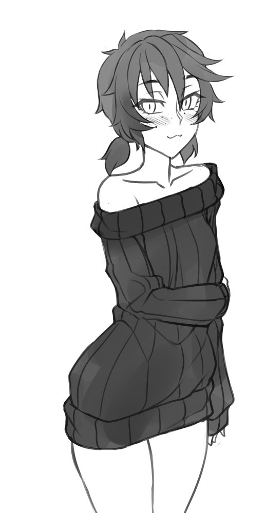 1girl :3 alternate_hairstyle arm_at_side black_sweater blush collarbone commentary cowboy_shot english_commentary eyebrows_visible_through_hair eyes_visible_through_hair freckles greyscale long_sleeves looking_at_viewer low_twintails mari_(maritan) monochrome no_pants off-shoulder_sweater off_shoulder original ribbed_sweater short_hair short_twintails simple_background single_bare_shoulder smile solo sweater twintails twrlare white_background