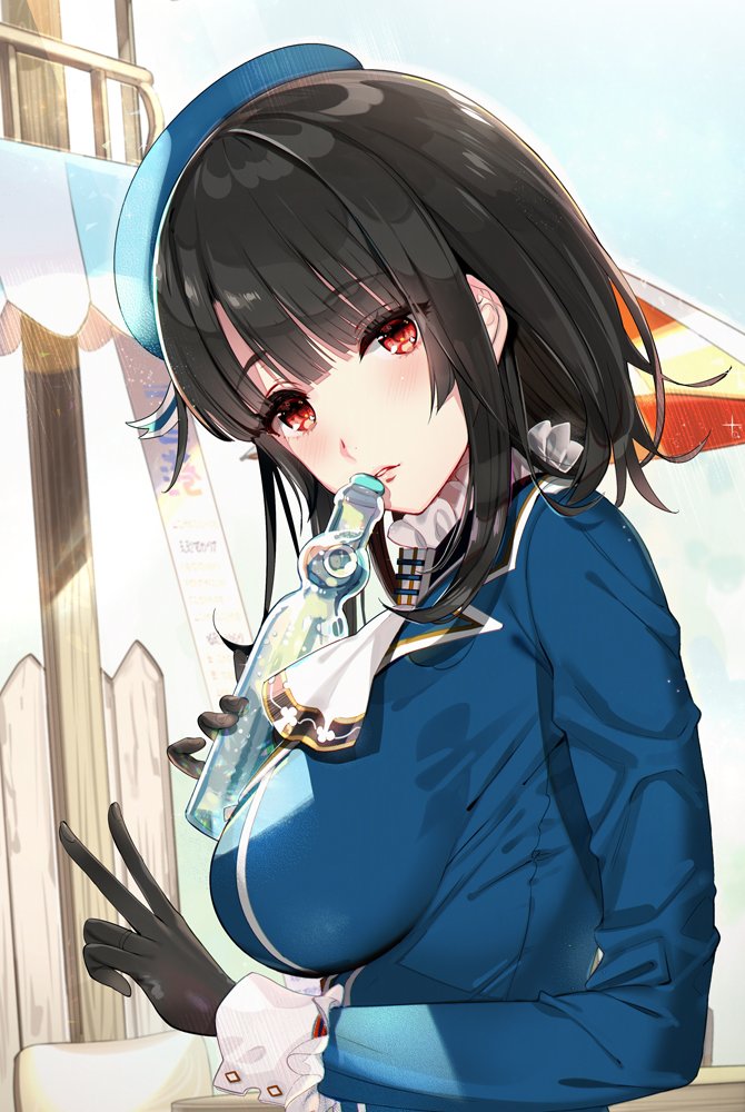 1girl ascot beret black_gloves black_hair bottle breasts gloves hat hayakawa_akari kantai_collection large_breasts lips looking_at_viewer military military_uniform outdoors parted_lips ramune red_eyes short_hair solo takao_(kantai_collection) uniform upper_body white_neckwear