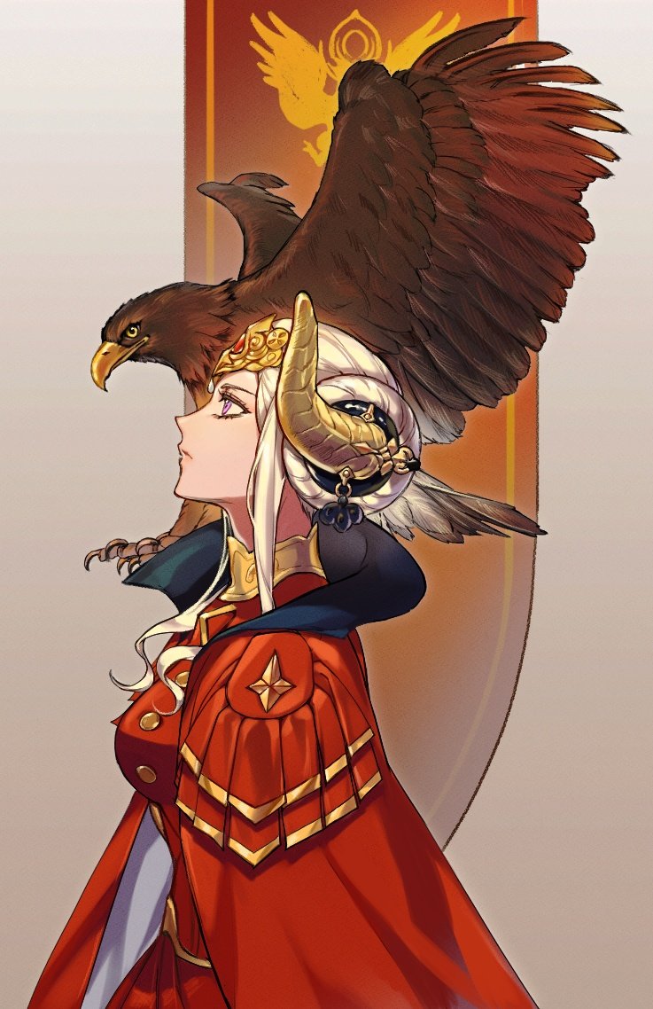 1girl bird blonde_hair cape closed_mouth eagle edelgard_von_hresvelg fire_emblem fire_emblem:_three_houses from_side gangcocker headpiece horns red_cape solo upper_body violet_eyes