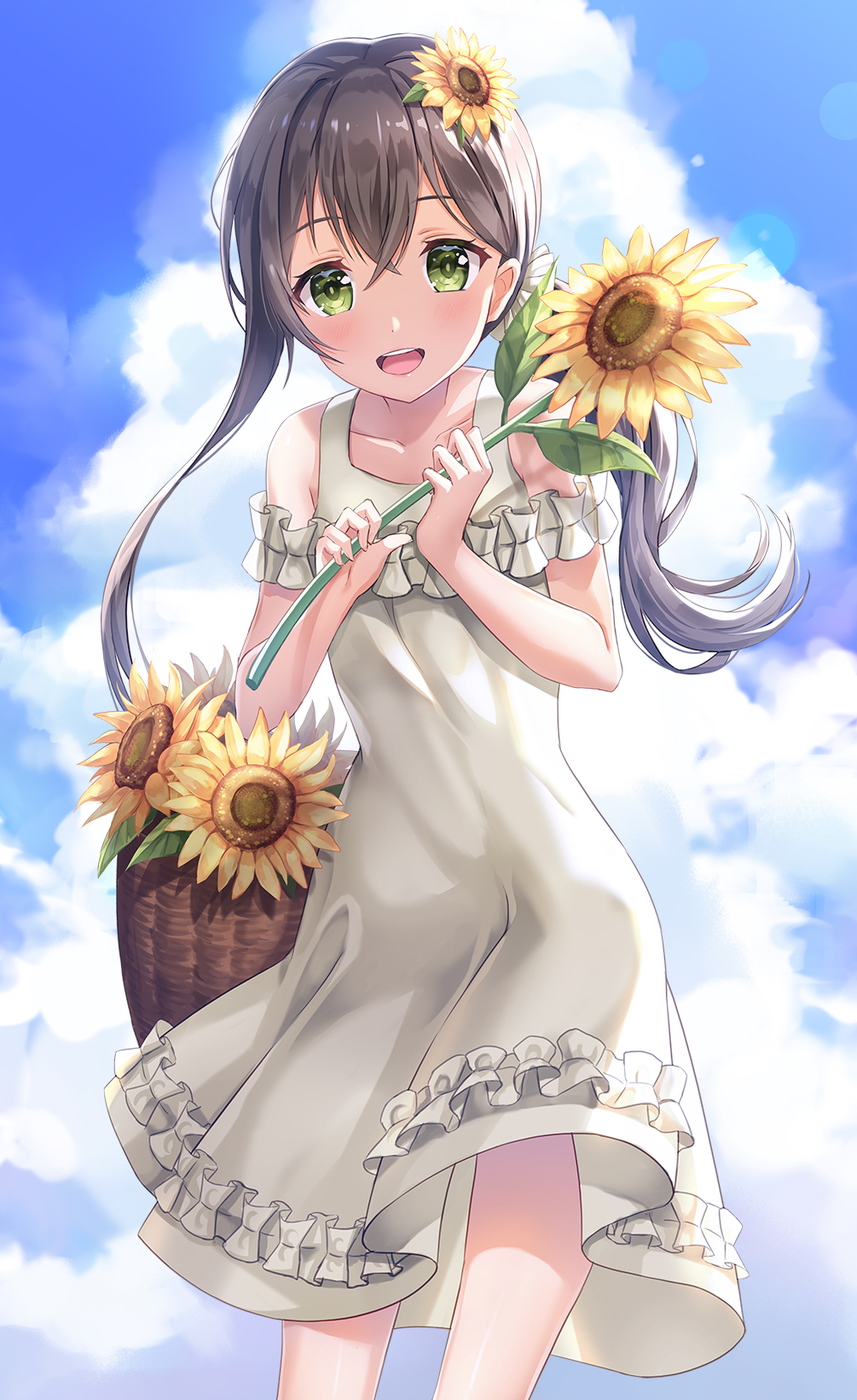 1girl :d bang_dream! bangs bare_shoulders basket blue_sky brown_hair clouds cloudy_sky collarbone commentary_request day dress eyebrows_visible_through_hair flower frilled_dress frills green_eyes hair_between_eyes hair_flower hair_ornament hanazono_tae highres holding holding_flower long_hair looking_at_viewer lunacle open_mouth outdoors round_teeth sky smile solo sunflower teeth twintails upper_teeth very_long_hair white_dress yellow_flower