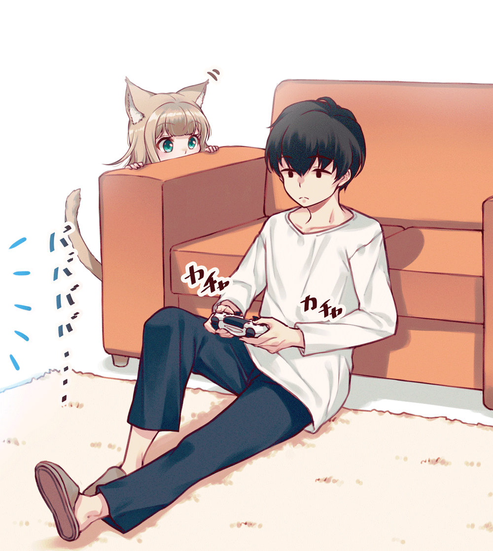 1boy 1girl 40hara animal_ear_fluff animal_ears aqua_eyes bangs black_hair blonde_hair blunt_bangs cat_ears cat_girl cat_tail closed_mouth commentary_request eyebrows_visible_through_hair holding_game_controller kinako kinako_(40hara) long_sleeves on_floor original panties playing_games shirt sitting slippers tail underwear white_shirt