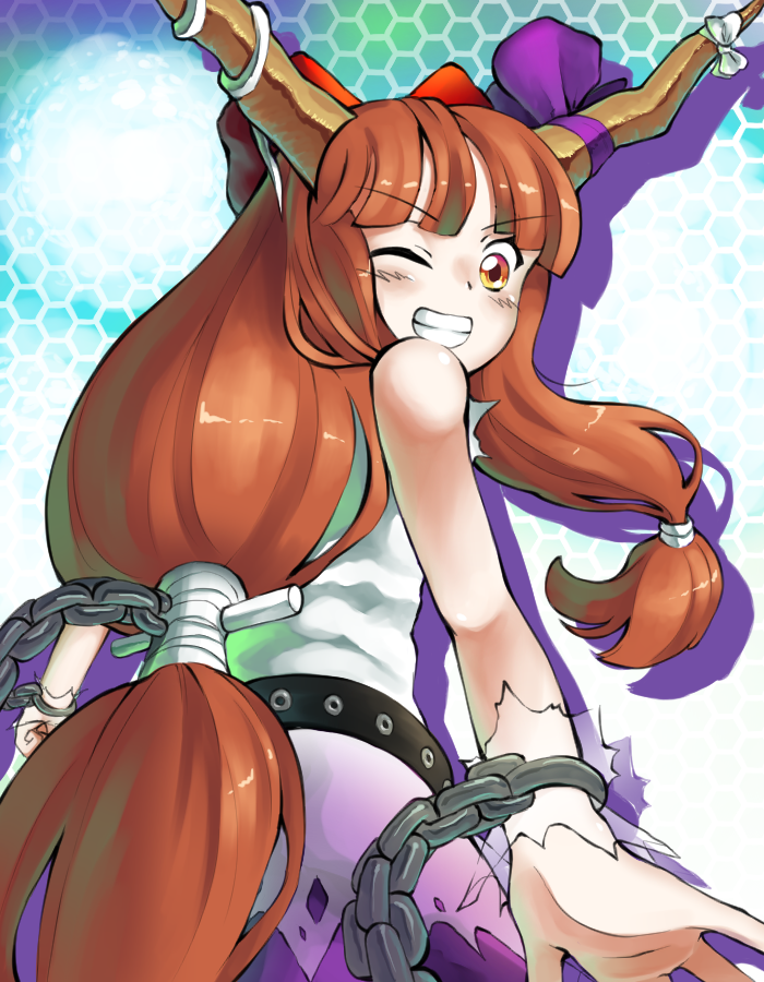 1girl bangs bare_arms bare_shoulders belt black_belt blunt_bangs blush bow chain clenched_hand commentary cowboy_shot eyebrows_visible_through_hair from_behind grin hexagon horn_bow horn_ornament horn_ribbon horns ibuki_suika long_hair looking_at_viewer looking_back low-tied_long_hair one_eye_closed oni oni_horns open_hand orange_eyes orange_hair purple_ribbon purple_skirt red_ribbon ribbon shirt sidelocks silhouette skirt sleeveless sleeveless_shirt smile sunyup touhou white_ribbon white_shirt wrist_cuffs