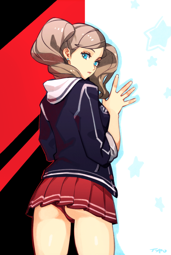 1girl ass atlus blue_earrings blue_eyes brown_hair earrings eyelashes flat_ass hood hood_down jewelry looking_at_viewer looking_back megami_tensei moe optionaltypo panties pantyshot pantyshot_(standing) parted_lips persona persona_5 red_panties red_skirt school_uniform shuujin_academy_uniform skirt solo standing stud_earrings takamaki_anne thighs twintails underwear