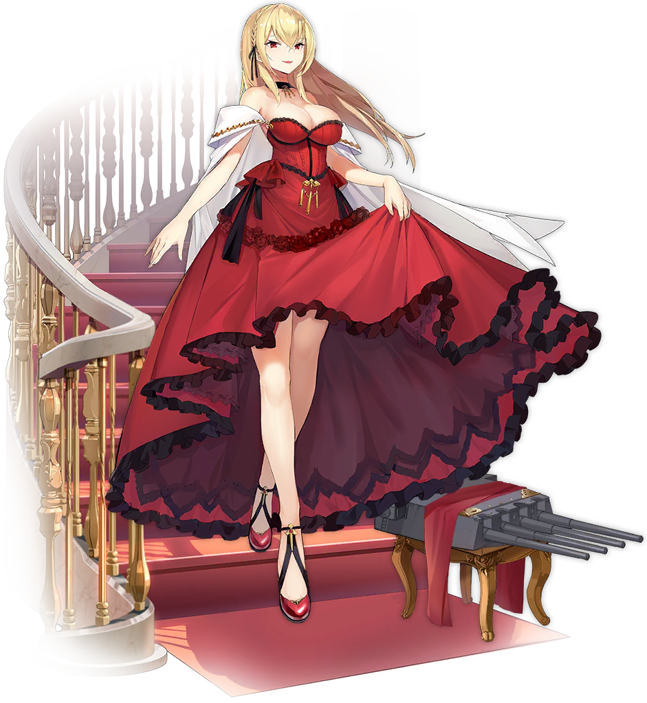1girl :d alternative_costume anniversary anthropomorphization azur_lane bangs black_ribbon blonde blush braid breasts cannon cape choker clavicle cleavage crossed_legs dress enka enka_(bcat) exposed_shoulders female floating_hair french_braid full_body gold hair_ornament hair_ribbon king_george_v_(azur_lane) king_george_v_(rose's_regalia)_(azur_lane) large_breasts long_hair looking_ahead looking_at_viewer official_art open_mouth red_dress red_eyes red_footwear ribbon shoes sidelocks skirt_hold sleeveless sleeveless_dress smile solo stairs strapless strapless_dress tied_hair transparent_background walking watermark watson_cross white_outerwear