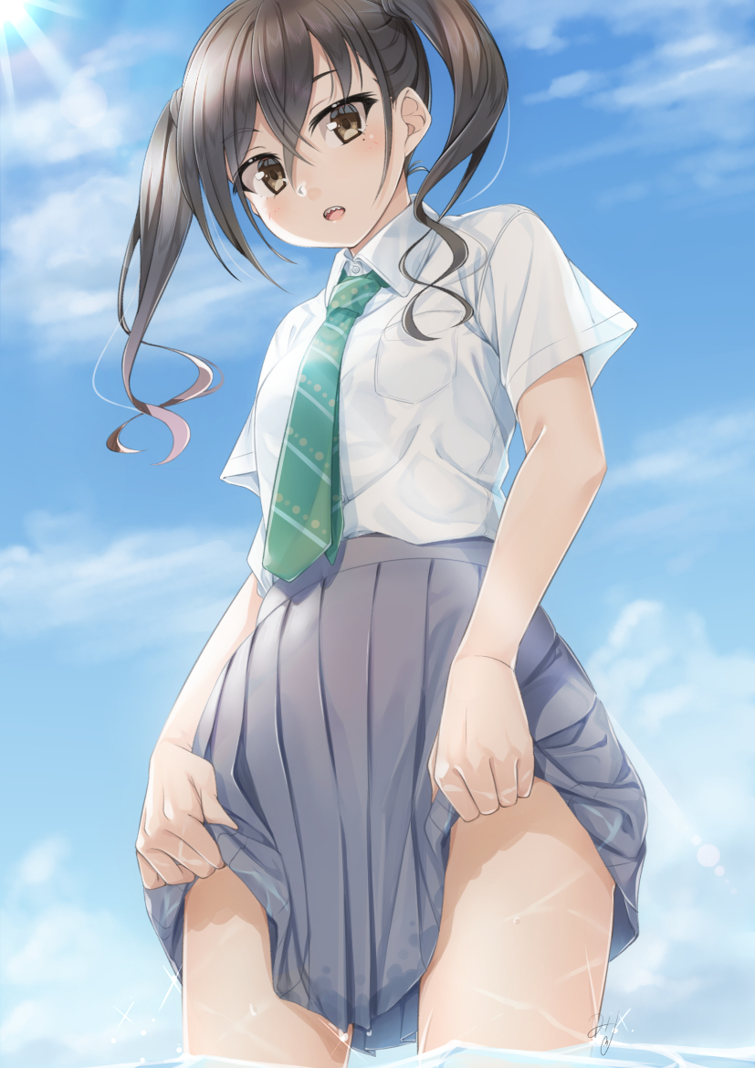 1girl bangs black_hair blue_sky blush brown_eyes clouds collared_shirt commentary_request day diagonal-striped_neckwear diagonal_stripes eyebrows_visible_through_hair green_neckwear grey_skirt hair_between_eyes idolmaster idolmaster_cinderella_girls long_hair miri_(ago550421) mole mole_under_eye open_mouth outdoors pleated_skirt sharp_teeth shirt short_sleeves skirt skirt_lift sky solo striped striped_neckwear sunazuka_akira teeth twintails wading water white_shirt