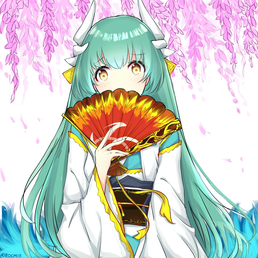 1girl bangs blue_kimono blush brown_eyes commentary dragon_horns eyebrows_visible_through_hair fan fate/grand_order fate_(series) flower folding_fan green_hair hair_between_eyes hand_up holding holding_fan horns japanese_clothes kimono kiyohime_(fate/grand_order) long_hair long_sleeves obi pink_flower rocm_(nkkf3785) sash solo twitter_username upper_body very_long_hair water waves white_background wide_sleeves wisteria