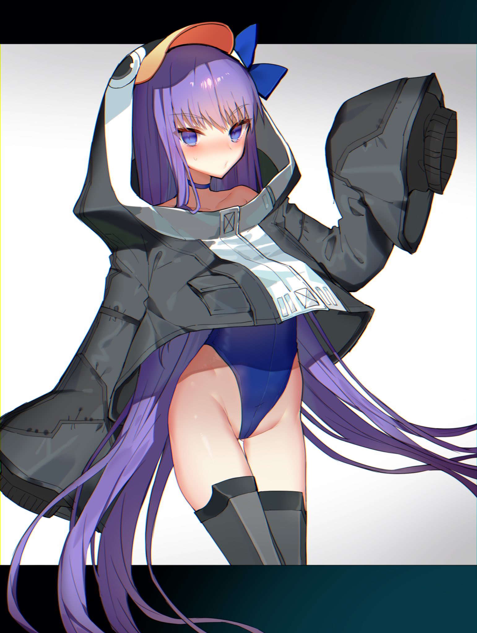 1girl arm_up ass_visible_through_thighs black_jacket blue_swimsuit choker commentary_request fate/grand_order fate_(series) grey_legwear groin highleg highleg_swimsuit highres hood jacket long_hair meltryllis meltryllis_(swimsuit_lancer)_(fate) no_pants one-piece_swimsuit purple_hair simple_background sleeves_past_wrists solo swimsuit swimsuit_under_clothes thigh-highs thigh_gap thighs tomo_(ryo_i_so_) very_long_hair violet_eyes white_background