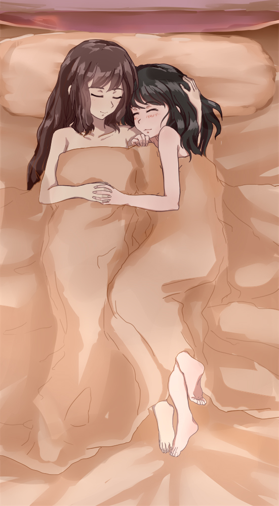 2girls akanesasu_shoujo bed bed_sheet bedroom black_hair blush brown_hair chinese_commentary closed_eyes commentary_request feet graphite_(medium) hand_on_another's_head holding_hands indoors interlocked_fingers long_hair multiple_girls naked_sheet s.s sleeping smile soles tounaka_yuu traditional_media tsuchimiya_asuka yuri