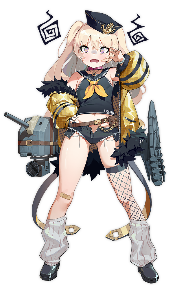 1girl anchor azur_lane bache_(azur_lane) bandaid bandaid_on_knee belt belt_pouch black_footwear black_headwear black_sailor_collar black_shirt black_shorts blonde_hair bracelet brown_belt fangs fishnet_legwear fishnets fur-trimmed_jacket fur_trim gun hand_on_hip hand_up jacket jewelry leg_warmers long_hair midriff money_gesture multicolored multicolored_eyes navel neckerchief official_art open_mouth pink_collar pouch sailor_collar shirt shoes short_shorts shorts single_thighhigh sleeveless sleeveless_shirt smile solo sparkle tachi-e thigh-highs torpedo_tubes two_side_up weapon yellow_jacket yellow_neckwear