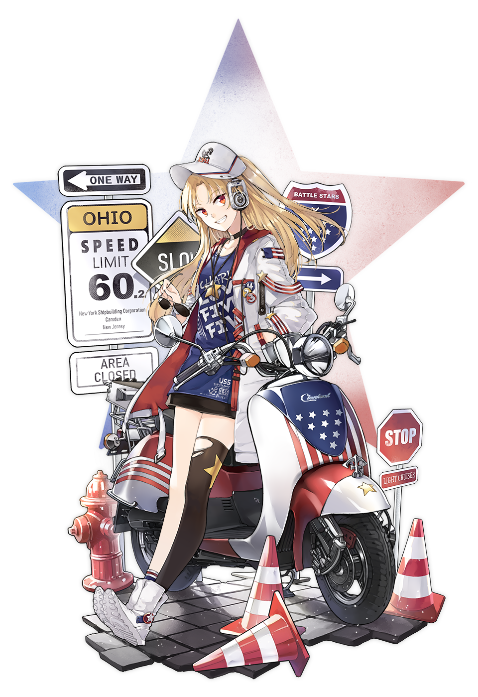 1girl azur_lane black_choker black_legwear black_skirt blonde_hair blue_shirt boots cable choker cleveland_(azur_lane) cleveland_(road_trip!)_(azur_lane) coat collarbone directional_arrow eyewear_removed fire_hydrant ground_vehicle hand_in_pocket hao_(patinnko) headphones highres holding jewelry long_hair long_sleeves looking_at_viewer looking_away miniskirt motor_vehicle motorcycle necklace official_art one_side_up open_clothes open_coat open_mouth pavement red_eyes shirt sign single_thighhigh skirt smile smiling socks solo star stop_sign sunglasses thigh-highs thighs torn_clothes torn_legwear traffic_cone transparent_background visor_cap white_coat white_footwear