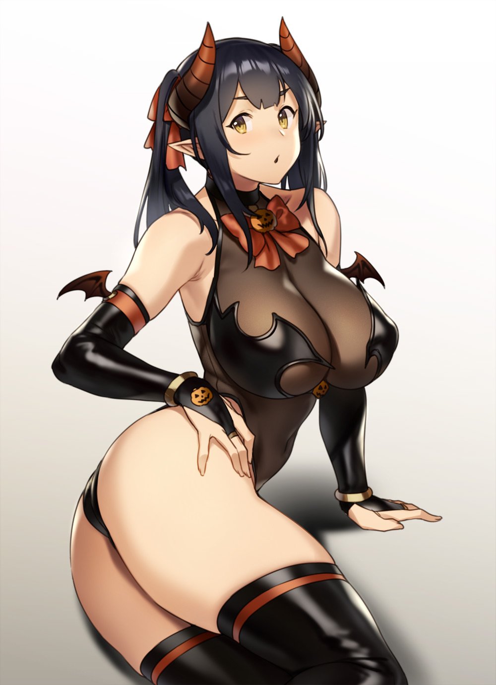 1girl ass bangs bare_shoulders black_hair black_legwear black_leotard bracelet breasts bridal_gauntlets costume covered_navel demon_girl demon_horns elf elf_(houtengeki) hair_ribbon head_wings highleg highleg_leotard highres horns houtengeki jewelry large_breasts leotard long_hair looking_at_viewer open_mouth orange_ribbon original pointy_ears ribbon sidelocks simple_background solo succubus thigh-highs thighs twintails white_background yellow_eyes