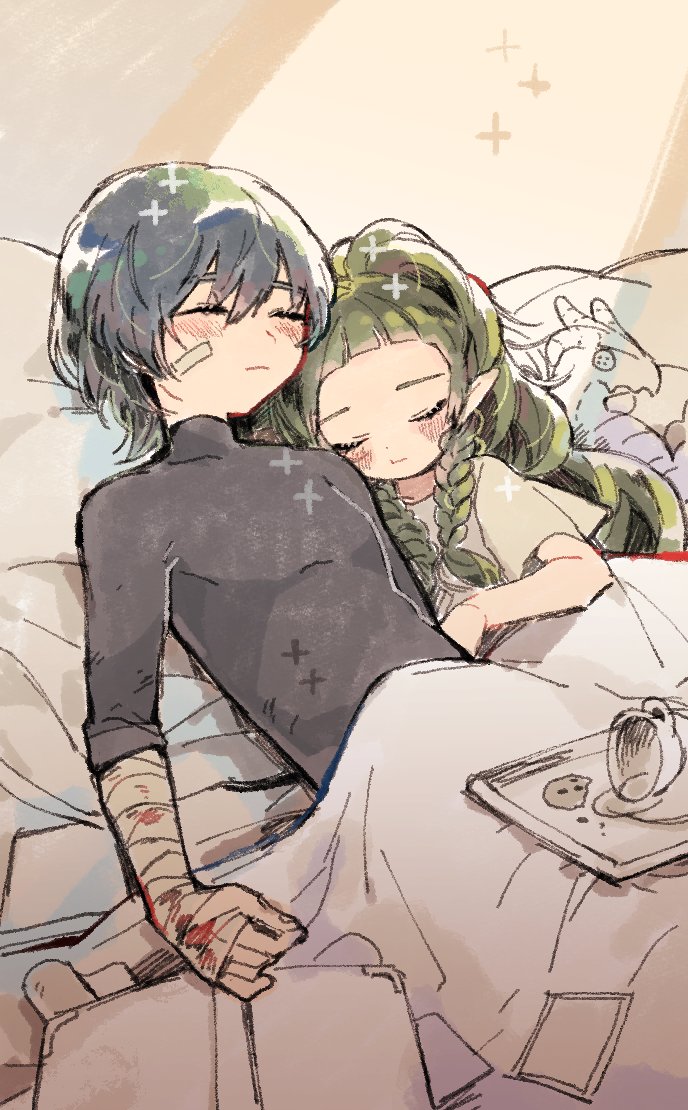 1boy 1girl alternate_costume bandaged_arm bandages bed blood blue_hair braid byleth_(fire_emblem) byleth_eisner_(male) closed_eyes closed_mouth fire_emblem fire_emblem:_three_houses friedbirdchips green_hair long_hair lying on_back pillow pointy_ears short_hair short_sleeves sleeping sothis_(fire_emblem) stuffed_animal stuffed_toy twin_braids
