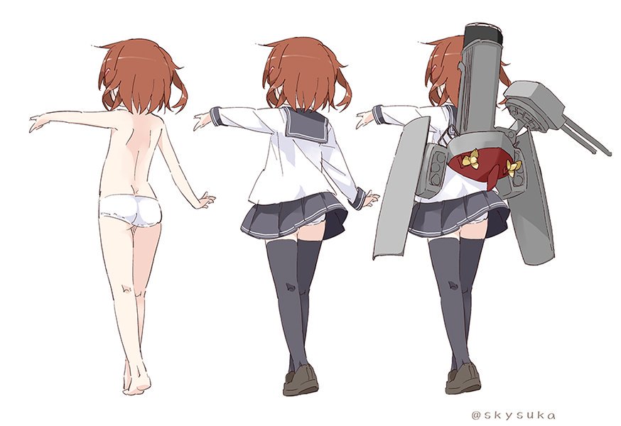 black_legwear brown_hair hair_ornament hairclip ikazuchi_(kantai_collection) kantai_collection machinery panties pleated_skirt propeller rigging school_uniform serafuku short_hair simple_background skirt suka thigh-highs turret underwear