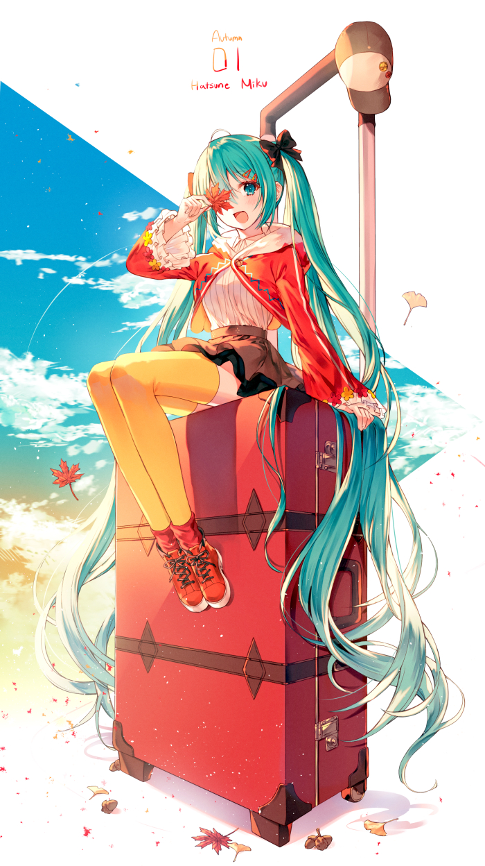 1girl :d absurdly_long_hair acorn aqua_eyes aqua_hair autumn autumn_leaves baseball_cap black_skirt bow character_name clouds covering_one_eye foot_dangle frilled_sleeves frills full_body ginkgo_leaf hair_bow hair_ornament hairclip hat hat_removed hatsune_miku headwear_removed highres kh_(kh_1128) leaf legs_together long_hair long_sleeves maple_leaf minigirl miniskirt open_mouth red_footwear red_legwear rolling_suitcase shirt shirt_tucked_in shoes shrug_(clothing) sitting sitting_on_object skirt sky smile sneakers socks_over_thighhighs solo suitcase thigh-highs twintails very_long_hair vocaloid white_shirt yellow_legwear