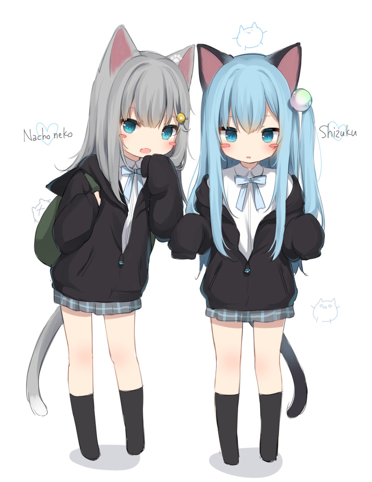 2girls amashiro_natsuki animal_ears backpack bag black_jacket black_legwear blue_bow blue_eyes blue_hair blush blush_stickers bow cat_ears cat_girl cat_tail character_name chibi collared_shirt commentary_request dress_shirt fang grey_hair grey_skirt hair_ornament hairclip heart highres hood hood_down hooded_jacket jacket long_hair long_sleeves multiple_girls nekoha_shizuku no_shoes open_clothes open_jacket open_mouth original parted_lips pleated_skirt shadow shirt skirt sleeves_past_fingers sleeves_past_wrists socks standing tail very_long_hair white_background white_shirt