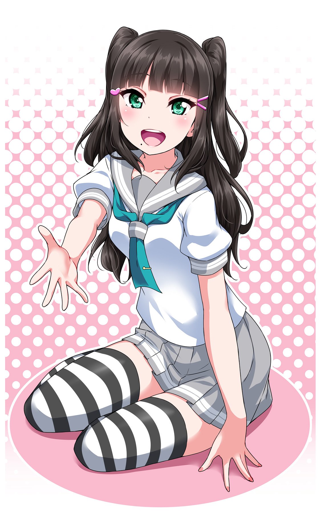 1girl :d alternate_hairstyle bangs black_hair blunt_bangs blush collarbone eyebrows_visible_through_hair green_eyes green_neckwear grey_skirt hair_ornament hairband hairclip halftone halftone_background highres kurosawa_dia long_hair looking_at_viewer love_live! love_live!_sunshine!! mole mole_under_mouth nail_polish neckerchief open_mouth outstretched_arm outstretched_hand pleated_skirt polka_dot polka_dot_background sailor_collar school_uniform short_sleeves sitting skirt smile striped striped_legwear thigh-highs twintails upper_teeth yopparai_oni