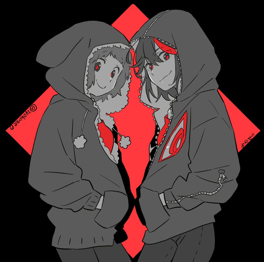 2girls argyle argyle_background black_eyes black_hair diamond_(shape) eyebrows_visible_through_hair eyes_visible_through_hair face-to-face grey_eyes greyscale hands_in_pockets happy hood hood_up hooded_jacket jacket kazaya kill_la_kill looking_at_viewer mankanshoku_mako matoi_ryuuko monochrome multicolored_hair multiple_girls pom_pom_(clothes) red_background red_pupils red_theme redhead senketsu short_hair simple_background smile spot_color streaked_hair twitter_username two-tone_background upper_body zipper