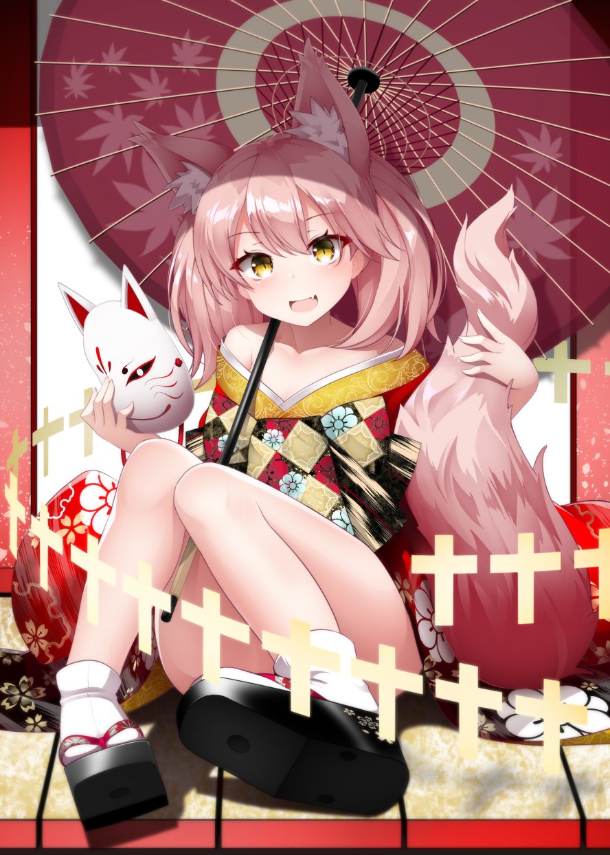 1girl animal_ears blush collarbone eyebrows_visible_through_hair fang flat_chest floral_print fox_ears fox_girl fox_mask fox_tail highres holding holding_mask japanese_clothes kantai_collection kimono kirigakure_(kirigakure_tantei_jimusho) leaf_print light_brown_hair long_hair mask open_mouth oriental_umbrella ryuujou_(kantai_collection) sandals shadow shikigami sitting skin_fang solo tail twintails umbrella wide_sleeves yellow_eyes