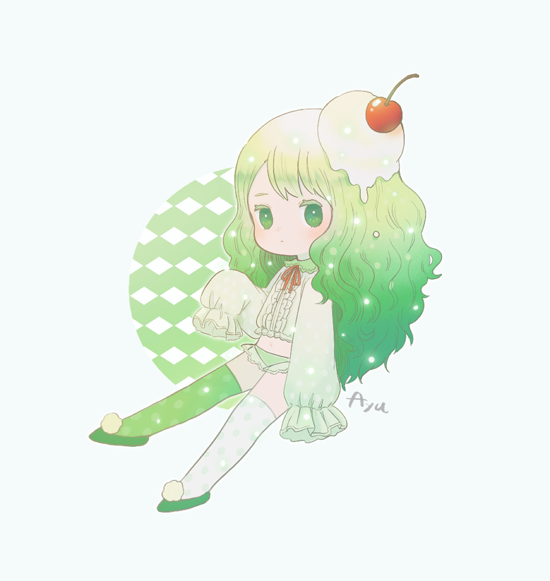 1girl arm_at_side ayu_(mog) bangs cherry colored_eyelashes dripping fireflies flat_chest food food_on_head frilled_sleeves frills fruit full_body glowing gradient_hair green_eyes green_footwear green_hair green_legwear green_panties hat ice_cream long_hair looking_at_viewer multicolored_hair neck_ribbon no_pants object_on_head original outstretched_hand panties polka_dot polka_dot_legwear pom_pom_(clothes) print_legwear red_neckwear red_ribbon ribbon see-through shirt simple_background sleeves_past_fingers sleeves_past_wrists solo swept_bangs thigh-highs underwear wavy_hair white_shirt witch_hat