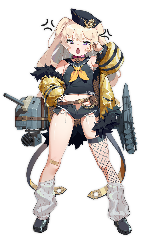 1girl anchor azur_lane bache_(azur_lane) bandaid bandaid_on_knee belt belt_pouch black_footwear black_headwear black_sailor_collar black_shirt black_shorts blonde_hair bracelet brown_belt chestnut_mouth fishnet_legwear fishnets fur-trimmed_jacket fur_trim gun hand_on_hip hand_up jacket jewelry leg_warmers long_hair midriff money_gesture multicolored multicolored_eyes navel neckerchief official_art open_mouth pink_collar pouch sailor_collar shirt shoes short_shorts shorts single_thighhigh sleeveless sleeveless_shirt smile solo sparkle tachi-e thigh-highs torpedo_tubes two_side_up weapon yellow_jacket yellow_neckwear