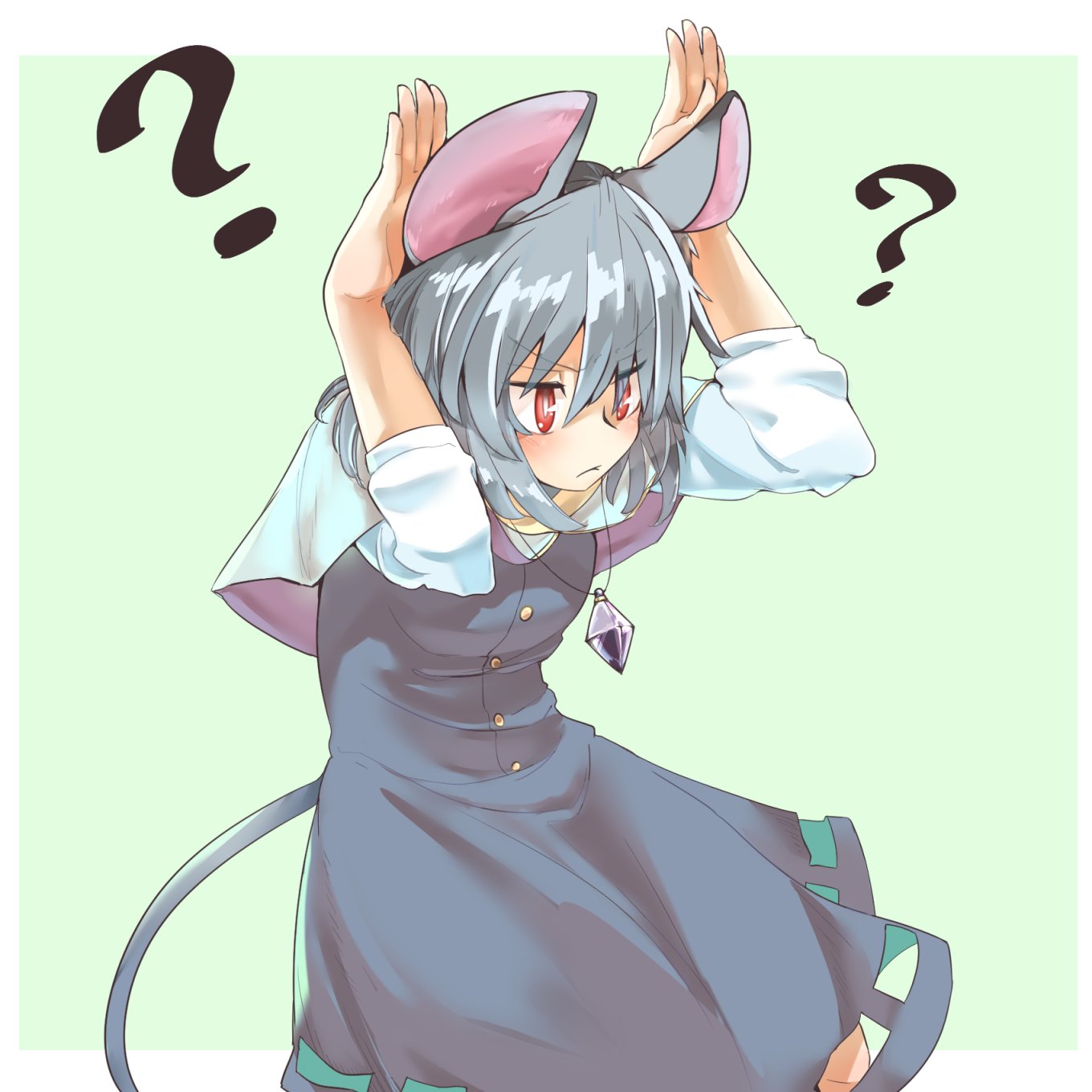 1girl ? arms_up bakuha bangs blue_capelet border bunny_pose capelet commentary_request cowboy_shot dress eyebrows_visible_through_hair green_background grey_dress grey_hair hair_between_eyes highres jewelry long_sleeves mouse_tail nazrin outside_border pendant red_eyes shirt short_hair simple_background solo standing tail touhou v-shaped_eyebrows white_border white_shirt