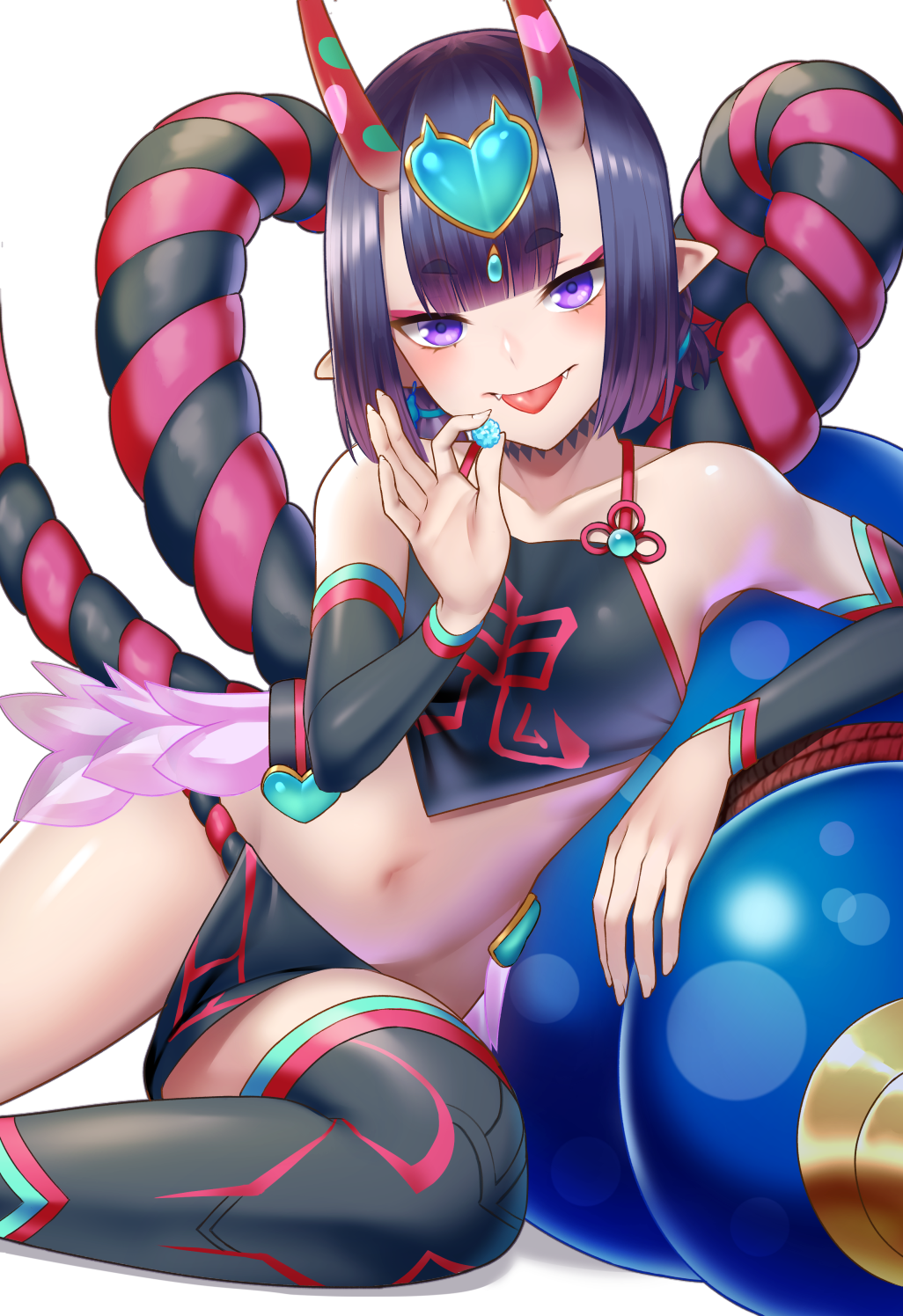 1girl bangs bare_shoulders black_fundoshi black_legwear blush breasts candy chinese_clothes choker detached_sleeves dudou earrings eyeliner fangs fate/grand_order fate_(series) food forehead_jewel fundoshi gourd headpiece heart highres horns japanese_clothes jewelry looking_at_viewer low_twintails makeup navel oni oni_horns purple_hair rope short_eyebrows short_hair short_twintails shuten_douji_(fate/grand_order) shuten_douji_(halloween_caster)_(fate) simple_background small_breasts smile solo thighs tongue tongue_out tsuchifumazu twintails violet_eyes white_background