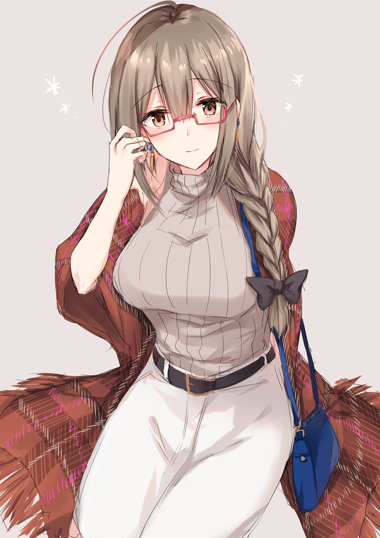 1girl bag bangs belt belt_buckle black_belt black_bow blush bow braid breasts brown_eyes brown_hair brown_sweater buckle closed_mouth commentary_request earrings eyebrows_visible_through_hair fringe_trim glasses grey_background hair_between_eyes hair_bow hand_up idolmaster idolmaster_shiny_colors jewelry kinona kuwayama_chiyuki large_breasts long_hair plaid red_eyes ribbed_sweater semi-rimless_eyewear shoulder_bag simple_background single_braid skirt smile solo sweater under-rim_eyewear white_skirt