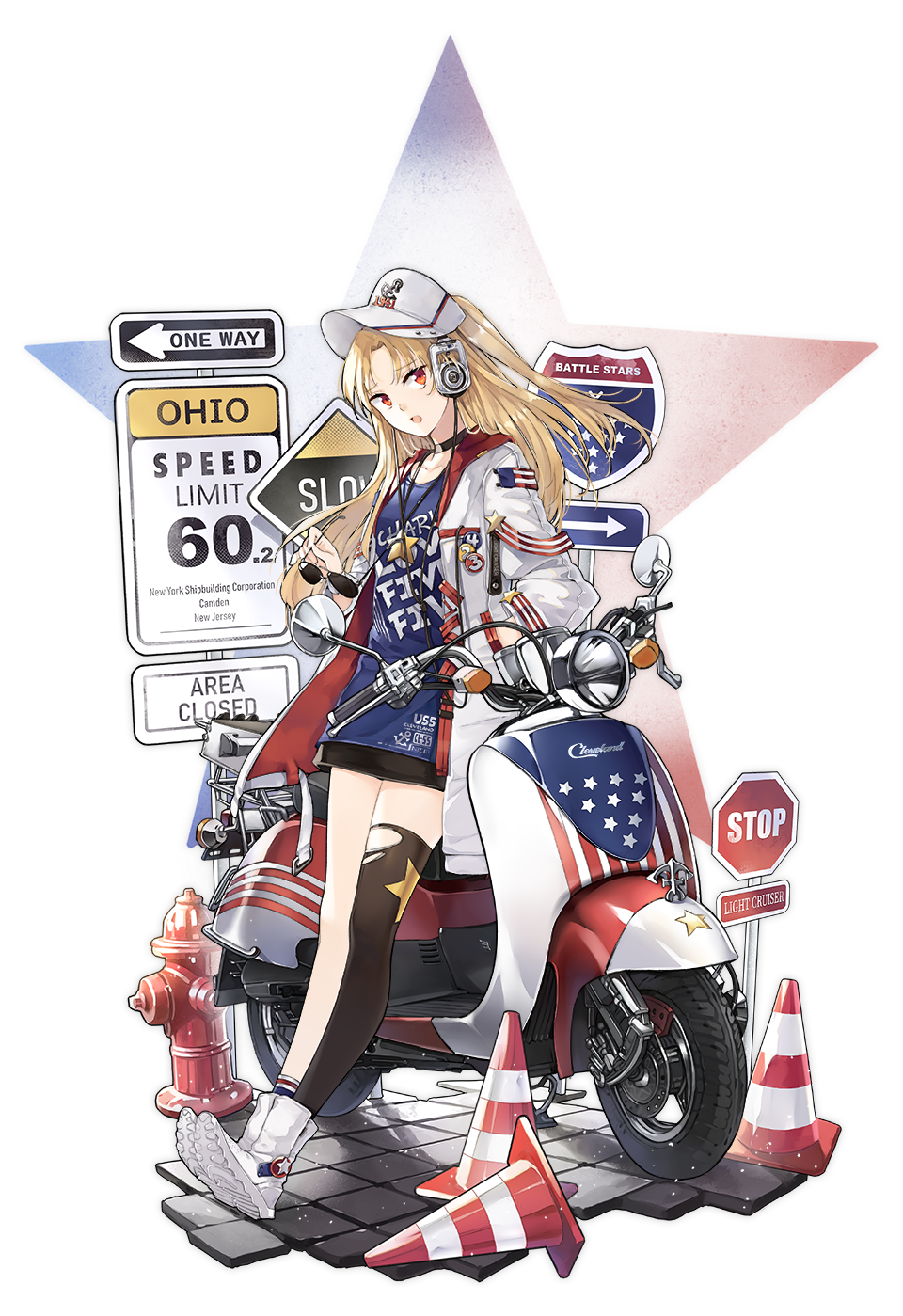 1girl azur_lane black_choker black_legwear black_skirt blonde_hair blue_shirt boots cable choker cleveland_(azur_lane) cleveland_(road_trip!)_(azur_lane) coat collarbone directional_arrow eyewear_removed fire_hydrant ground_vehicle hand_in_pocket hao_(patinnko) headphones highres holding jewelry long_hair long_sleeves looking_at_viewer looking_away miniskirt motor_vehicle motorcycle necklace official_art one_side_up open_clothes open_coat open_mouth pavement red_eyes shirt sign single_thighhigh skirt smile socks solo star stop_sign sunglasses thigh-highs thighs torn_clothes torn_legwear traffic_cone transparent_background visor_cap white_coat white_footwear