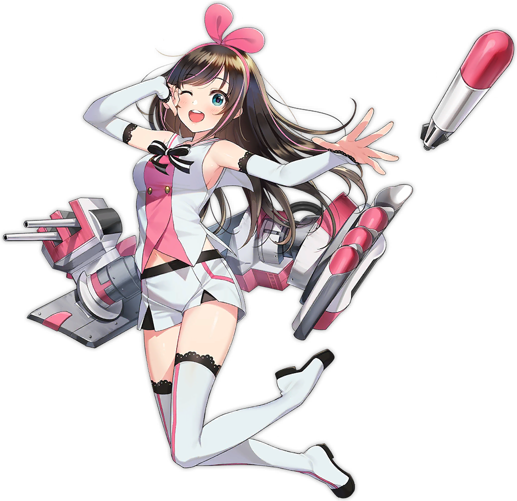 1girl ;d a.i._channel armpits azur_lane bangs bare_shoulders black_neckwear blue_eyes blush boots bow bowtie breasts brown_hair character_name closed_eyes detached_sleeves eyebrows_visible_through_hair female floating_hair full_body hairband jumping kizuna_ai kurot lace-trimmed_boots lace-trimmed_sleeves lace_trim long_hair looking_at_viewer morikura_en multicolored_hair official_art one_eye_closed open_mouth outstretched_arm pink_hair pink_hairband ribbon rigging sailor_collar shirt shorts sidelocks skirt smile solo streaked_hair tachi-e thigh-highs thigh_boots thighs torpedo_launcher transparent_background upper_teeth v-shaped_eyebrows virtual_youtuber white_footwear white_skirt wink