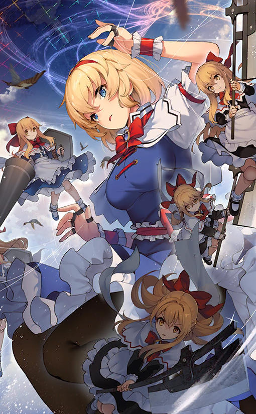 6+girls alice_margatroid arm_up axe bangs bird black_dress black_footwear black_legwear blonde_hair blue_dress blue_eyes bobby_socks bow bowtie breasts capelet dress eho_(icbm) eyebrows_visible_through_hair feet_out_of_frame hair_between_eyes hair_bow hair_intakes hairband holding holding_axe holding_lance holding_shield holding_weapon long_hair long_sleeves looking_at_viewer mary_janes medium_breasts multiple_girls outdoors pantyhose parted_lips petticoat puffy_short_sleeves puffy_sleeves puppet_rings puppet_strings red_bow red_hairband red_neckwear red_sash sash shanghai_doll shield shirt shoes short_hair short_sleeves socks sparkle touhou touhou_cannonball weapon white_capelet white_legwear white_shirt wrist_cuffs