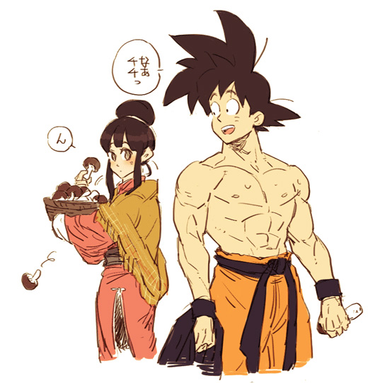 1boy 1girl abs amepati arms_at_sides bangs basket black_eyes black_hair blanket blunt_bangs chest chi-chi_(dragon_ball) chinese_clothes dragon_ball dragon_ball_z expressionless hair_bun hime_cut holding holding_basket looking_at_another looking_back muscle mushroom nipples open_mouth orange_pants pants shirtless sidelocks simple_background son_gokuu speech_bubble spiky_hair teeth translated upper_teeth white_background wristband