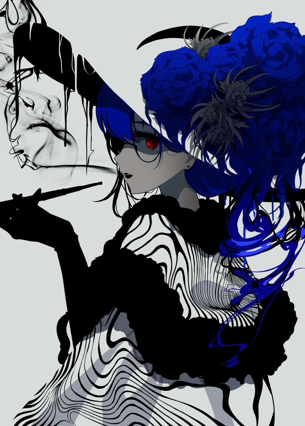 1girl bangs berryverrine black_flower blue_flower blue_hair earrings flower glasses hat hat_flower highres holding jewelry original parted_lips red_eyes rose shaded_face smoke smoking solo