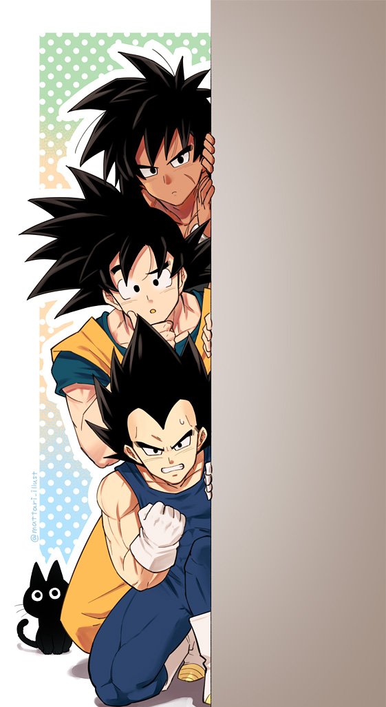 3boys :o :| animal annoyed black_cat black_eyes black_hair boots broly_(dragon_ball_super) cat clenched_hand clenched_teeth closed_mouth curious dark_skin dark_skinned_male dougi dragon_ball dragon_ball_super_broly dragon_ball_z expressionless facial_scar frown furrowed_eyebrows gloves gradient gradient_background hand_on_own_chin kneeling leaning leaning_to_the_side looking_at_viewer male_focus mattari_illust multicolored multicolored_background multiple_boys one_knee peeking_out polka_dot polka_dot_background scar scar_on_cheek shaded_face simple_background son_gokuu spiky_hair sweatdrop tama_(dragon_ball) teeth twitter_username vegeta wall white_background white_footwear white_gloves