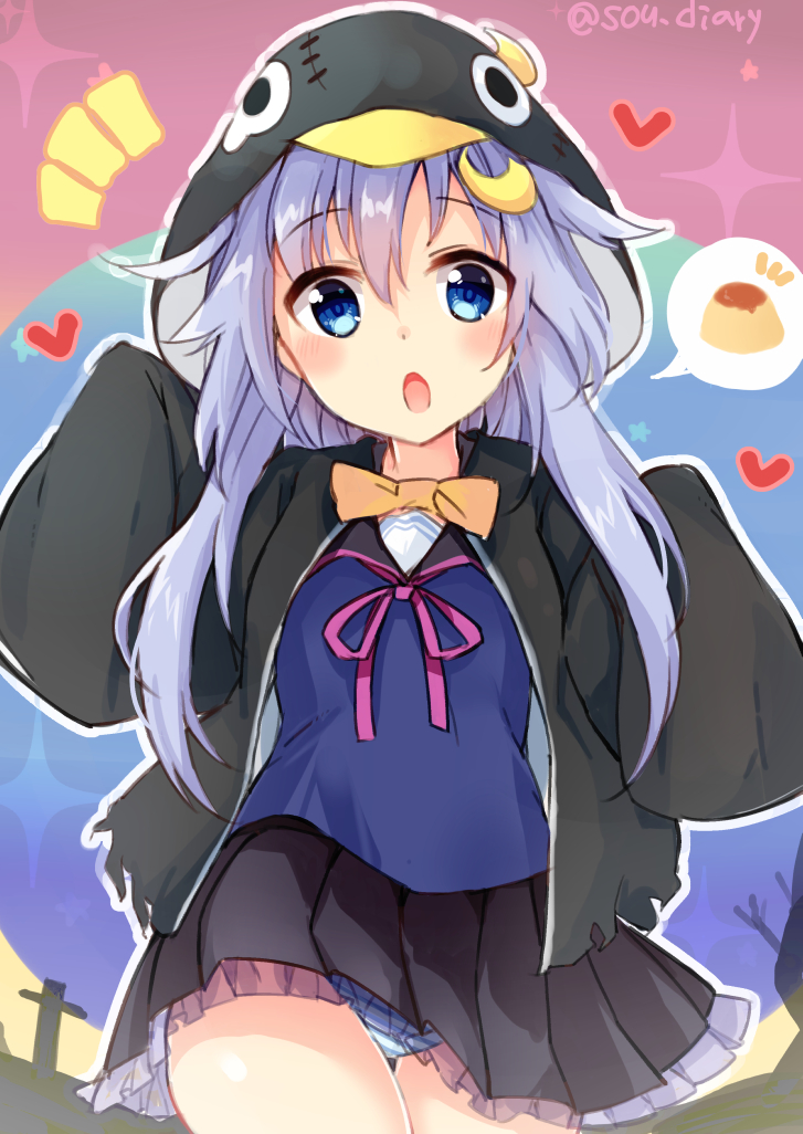 1girl animal_hood bangs black_jacket black_sailor_collar black_skirt blue_eyes blue_hair blue_shirt blush commentary_request crescent crescent_hair_ornament eyebrows_visible_through_hair food hair_between_eyes hair_flaps hair_ornament halloween heart hood hood_up hooded_jacket jacket kantai_collection long_hair long_sleeves looking_at_viewer neck_ribbon notice_lines open_clothes open_jacket open_mouth panties penguin_hood pink_ribbon pleated_skirt pudding ribbon sailor_collar school_uniform serafuku shirt skirt sleeves_past_fingers sleeves_past_wrists solo sou_(soutennkouchi) sparkle spoken_food stitches striped striped_panties teardrop thigh_gap torn_jacket twitter_username underwear very_long_hair yayoi_(kantai_collection)
