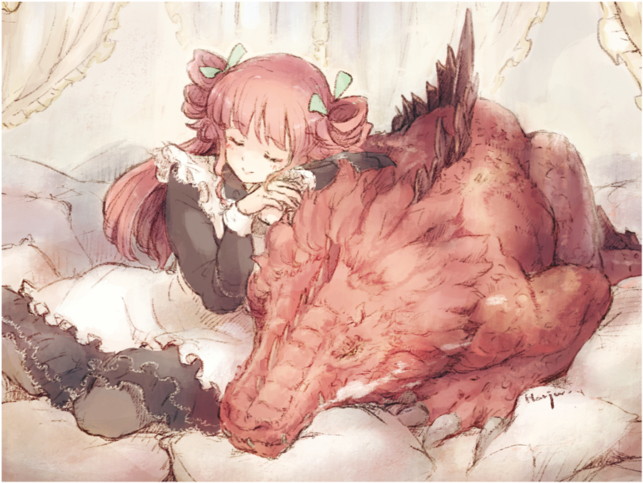 1girl arm_pillow bangs bemani black_dress black_legwear closed_eyes commentary_request curtains dragon dress facing_viewer hair_ribbon leaning_to_the_side leoharju long_hair looking_at_viewer making-of_available on_bed pantyhose pillow redhead reflec_beat ribbon ririize_to_honoo_ryuu_laevateinn sidelocks sitting sleeping smile