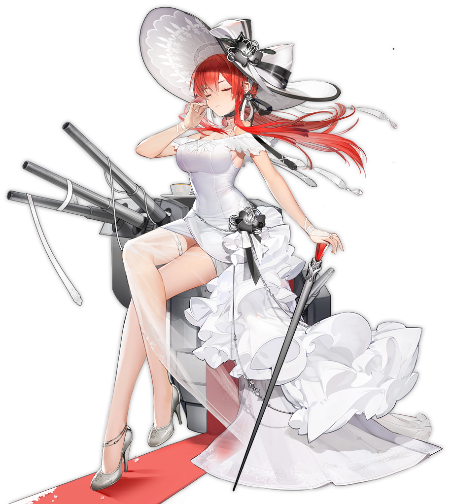 1girl azur_lane bare_legs bonnet bow braid breasts bridal_gauntlets closed_eyes dress earrings fingerless_gloves full_body gloves hair_between_eyes hair_ribbon halter_top halterneck hat hat_bow high_heels jewelry large_breasts legs_crossed liduke long_hair low_ponytail monarch_(azur_lane) official_art parted_lips red_hair ribbon sidelocks sitting solo sun_hat thighlet transparent_background white_dress white_gloves wrist_ribbon