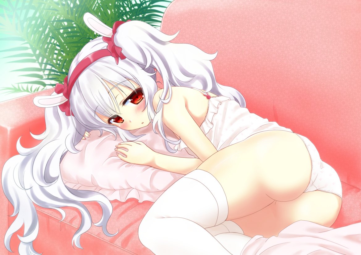 ass azur_lane bare_arms bare_shoulders blush camisole commentary_request couch eyebrows_visible_through_hair hair_between_eyes hairband kayura_yuka laffey_(azur_lane) looking_at_viewer lying on_side panties plant red_eyes silver_hair skirt skirt_removed thigh-highs twintails underwear white_legwear white_panties