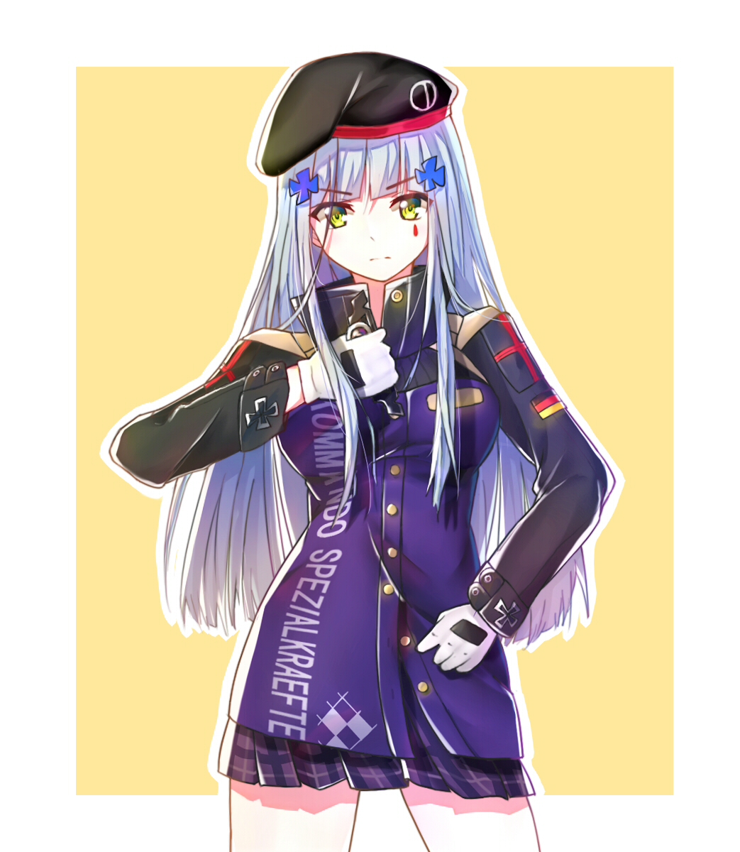 1girl beret cowboy_shot facial_mark faino german_flag giorno_giovanna girls_frontline gloves hat highres hk416_(girls_frontline) iron_cross jojo_no_kimyou_na_bouken jojo_pose long_hair long_sleeves looking_at_viewer military parody pose shirt shirt_pull silver_hair simple_background skirt solo vento_aureo yellow_eyes