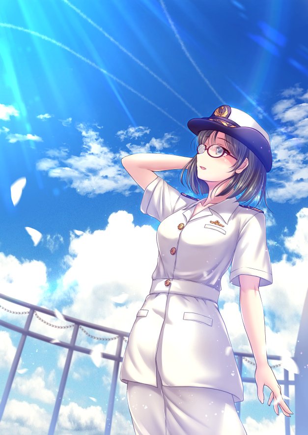 1girl alternate_costume bangs black_hair blush breast_pocket breasts buttons clouds day epaulettes eyebrows_visible_through_hair female_service_cap glasses hat japan_self-defense_force kantai_collection kirishima_(kantai_collection) military military_uniform naval_uniform open_mouth outdoors pocket red-framed_eyewear ryu-akt short_hair short_sleeves skirt sky solo uniform white_headwear white_skirt